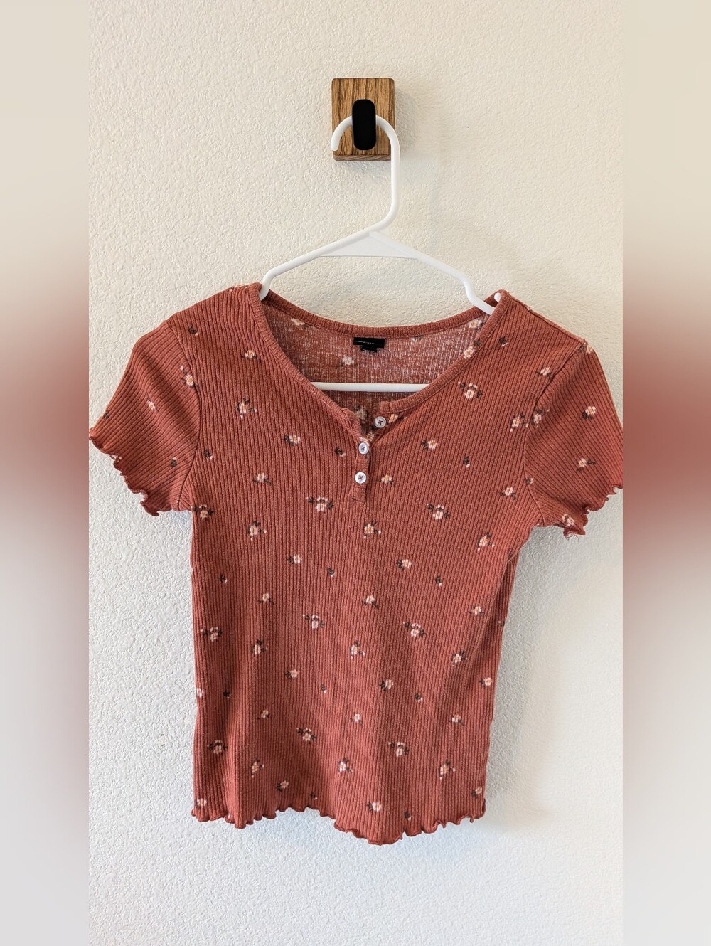Art Class Girls L 10/12 Rust Floral Ribbed Henley Top Y2K